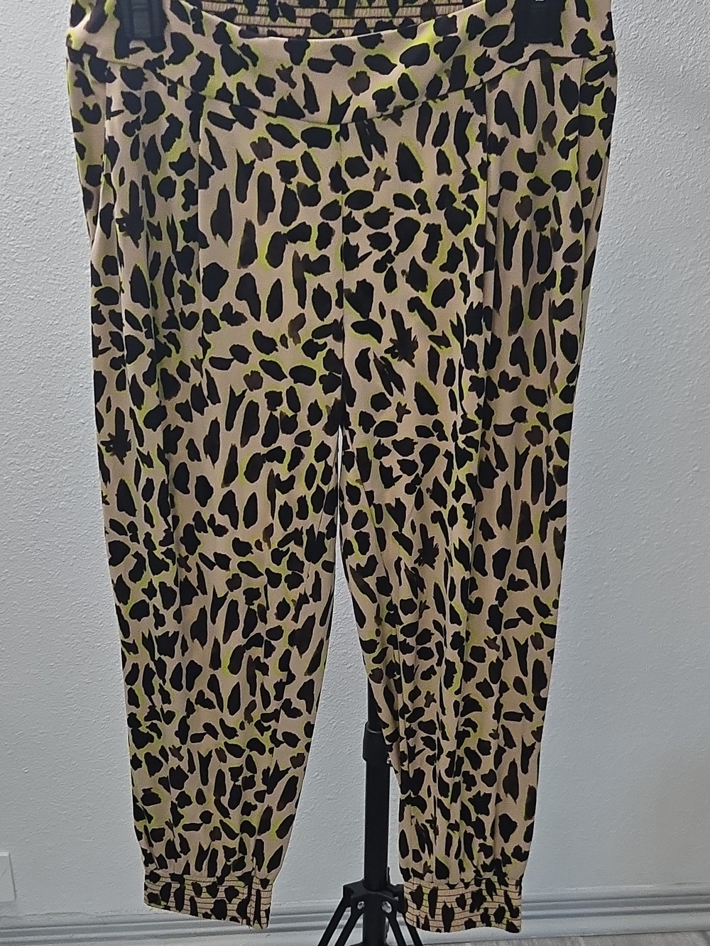 Thalia Sodi Beige and Black Leopard Print Top with Neon Green Accents